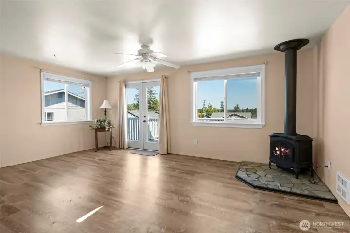 Ceiling fan to cool you off in the summer months, & a propane fireplace to ward off the chill in the winter.