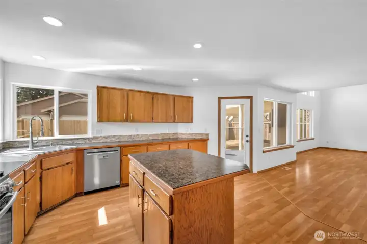 Kitchen to open dining area.