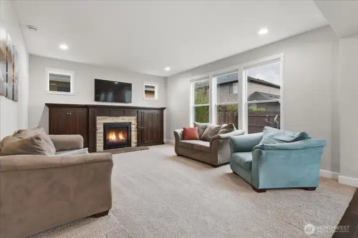 Family room, carpet, gas fireplace, view to backyard