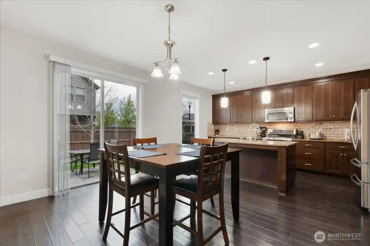 Great room, dining area, engineered hardwood floors