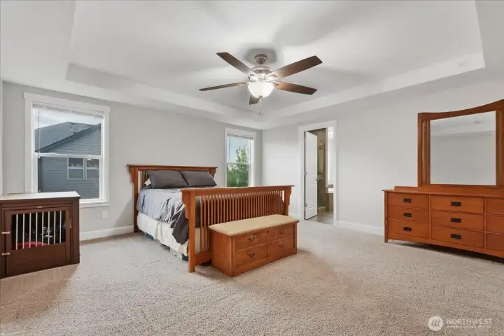 Primary suite, carpeted, ceiling fan