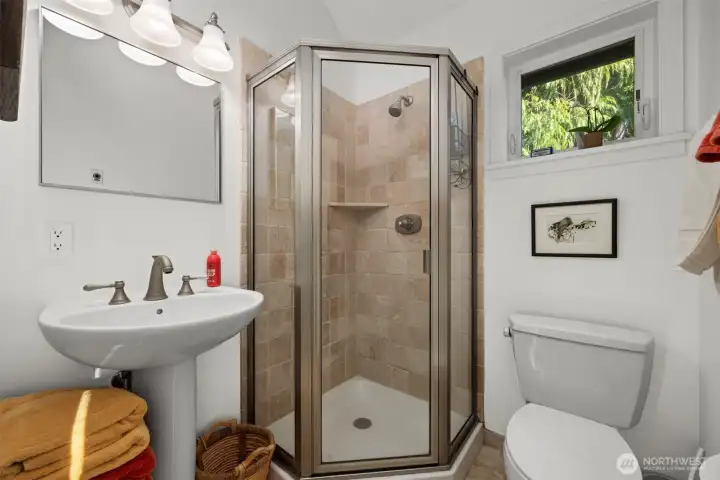 The 3/4 bath is nicely tiled and also has good natural light. The 3/4 bath is nicely tiled and also has good natural light.