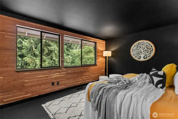 Appreciate the pop of personality brought by the cedar plank accent wall Appreciate the pop of personality brought by the cedar plank accent wall