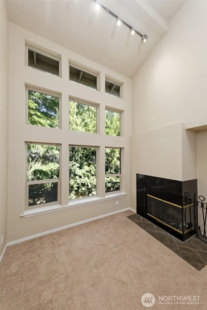 UNIQUE WINDOW TREATMENT WITH CORNER FIREPLACE