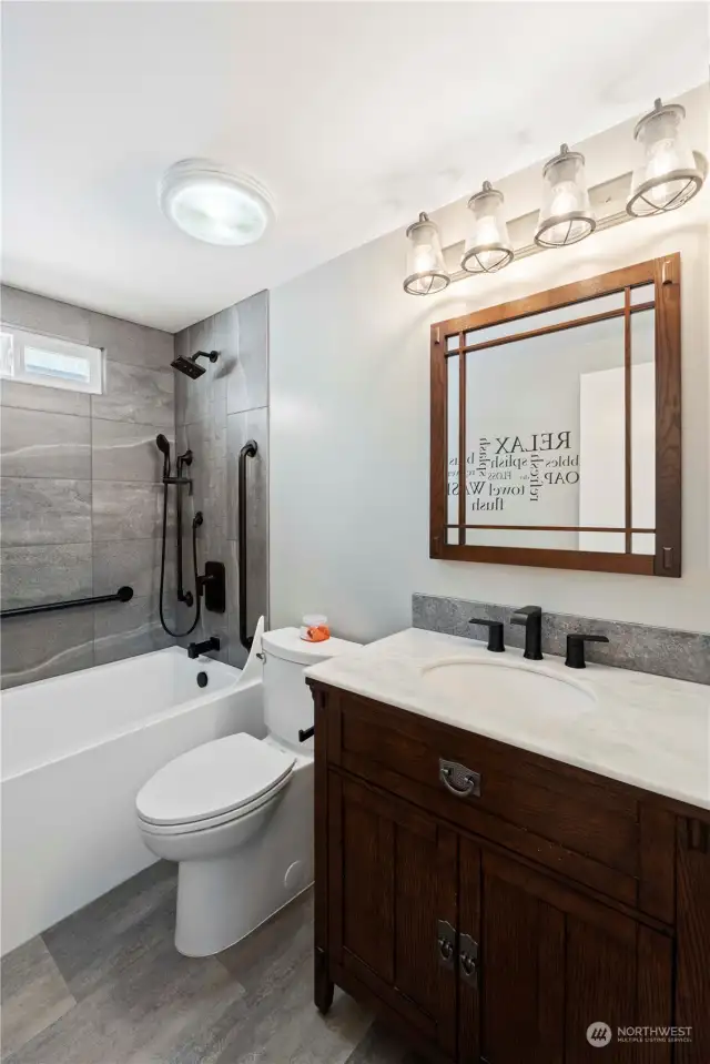 Guest bathroom with oversized tub. A relaxing place to soak your troubles away!