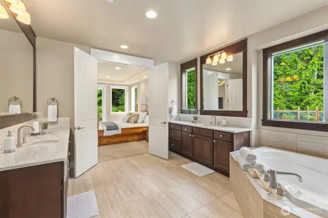 Relaxing spa primary bathroom.