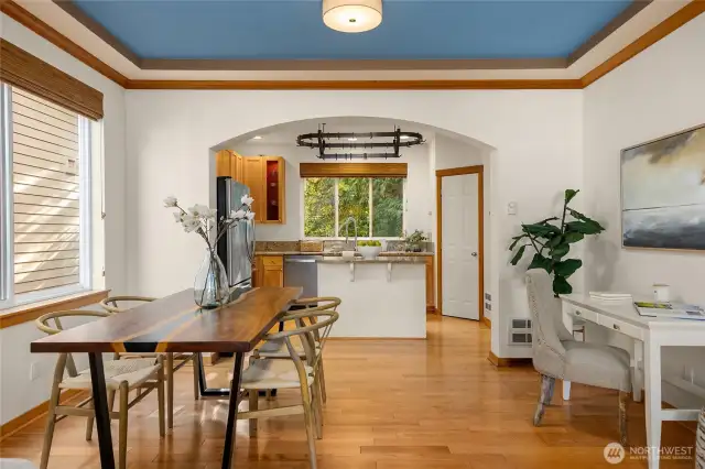 Lovely details like this archway and coved ceiling in the dining room show the craftsmanship with which the home was built.