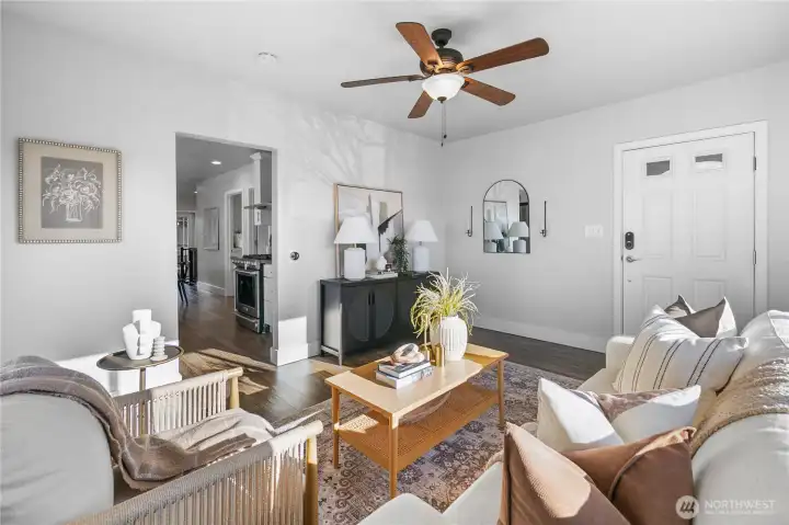 Hardwood floors in living room and kitchen
