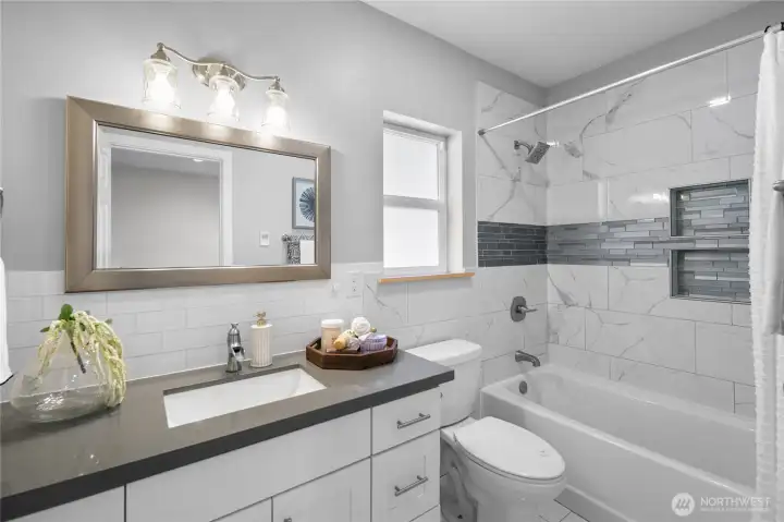 Main floor bathroom with radiant heated floors