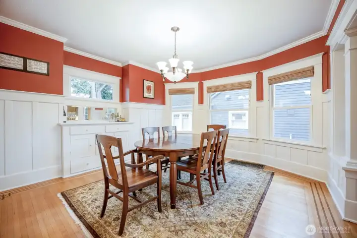 Formal dining with built-in hutch with drawers and cabinets.