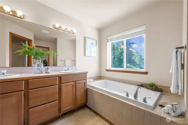 Double sinks, soaker size tub, window with a fabulous view!
