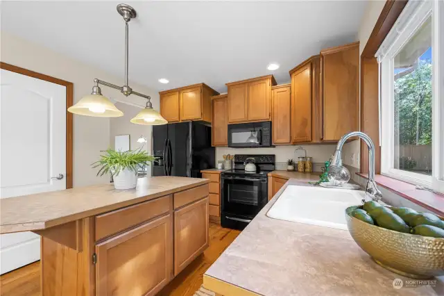 Nicely appointed kitchen with solid wood cabinetry, walk in pantry, room for eating at the island