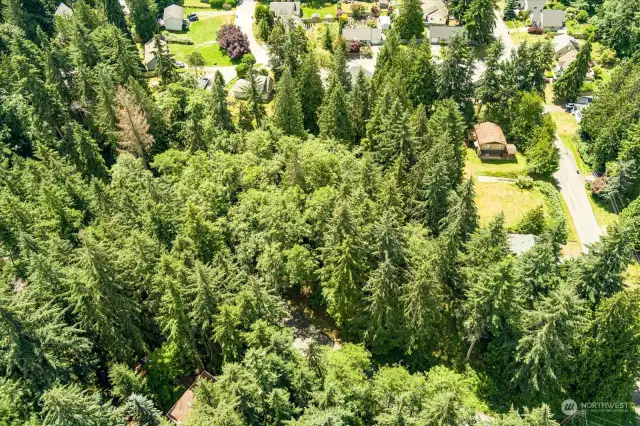 Aerial view of site with community water access and beach amenities.