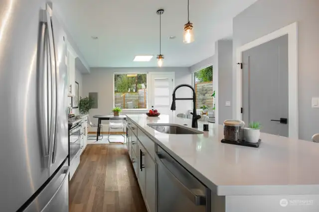 Beautiful kitchen island offers extra storage.