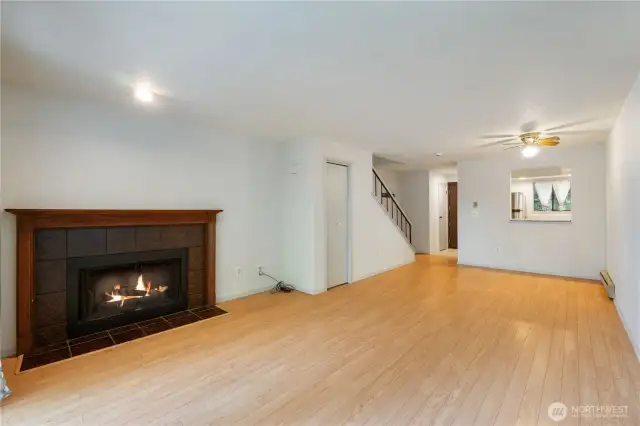 Front room with wood burning Fireplace.
