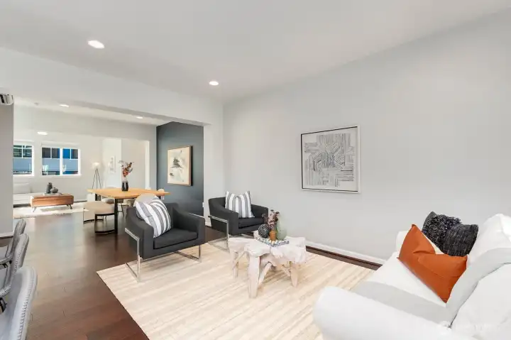 Great room overlooks dining space and living room.