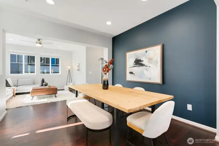 Large dining space is a great place to host.