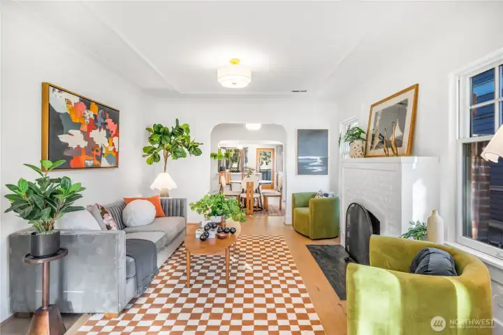 View through the main level from the front entry.  New fixtures, lighting and hardware throughout.