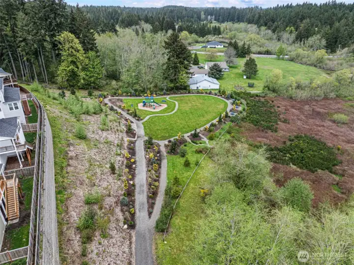 Aerial view, one of the play grounds with trails and sanctuary in lower portion of photo.