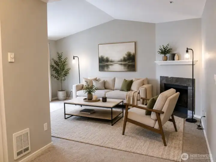 Virtually staged; living room with vaulted ceiling, fresh paint, new trim molding, and new carpet.