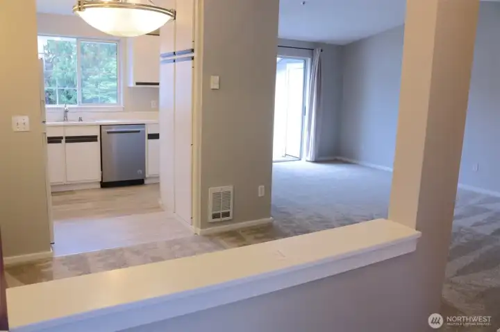 from the entryway; kitchen, dining room and living room