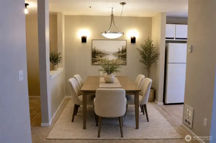 virtually staged, dining room looking from the living room