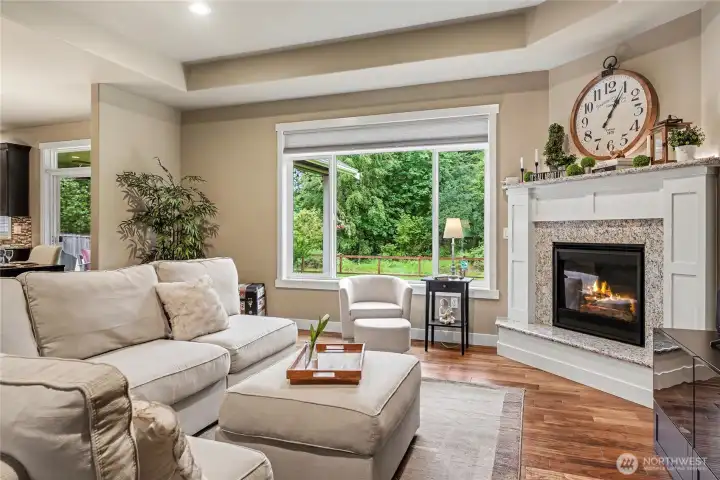 Down the entry hall you walk into your family room, the large windows let in the views and all the light, the gas fireplace keeps you cozy on cooler days and nights. I also love this tray ceiling!