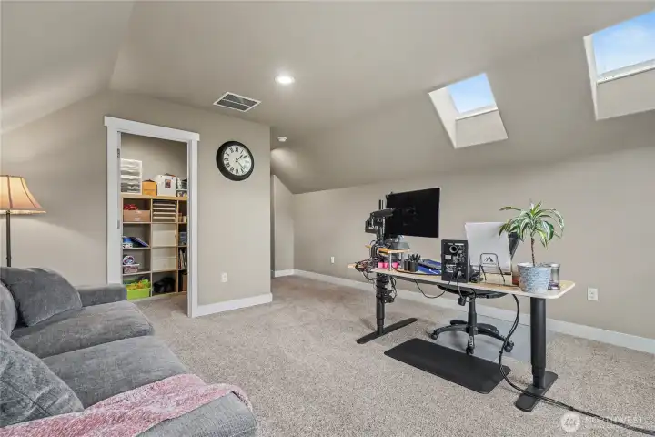 Bonus room upstairs over the garage, currently used as a home office. Nice closet, and large windows and skylights really create an open, airy feel.