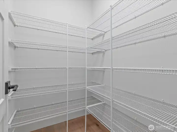 Exceptional storage awaits in the walk-in pantry, conveniently located right off the kitchen with great shelving to keep everything perfectly organized.