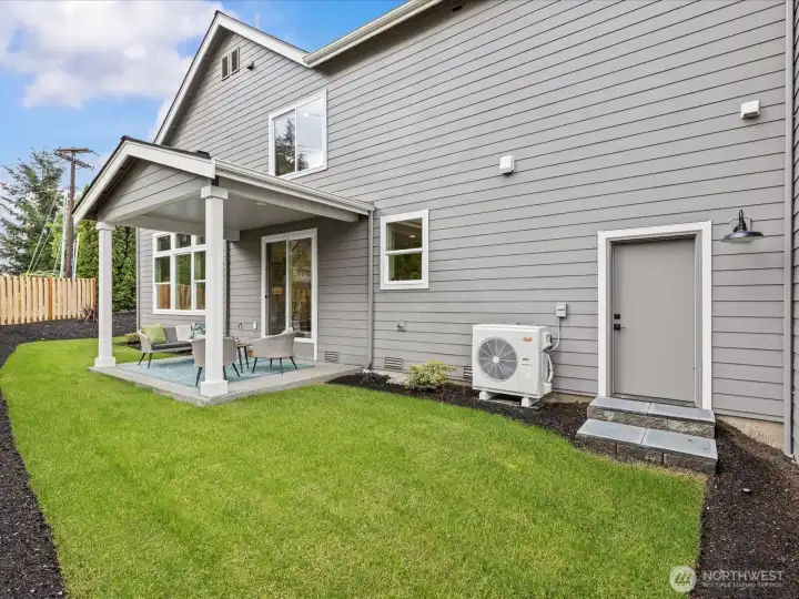Private backyard oasis featuring a covered patio stubbed for a gas BBQ, a lush lawn, and a convenient, included outdoor sprinkler system. Builder is paying for yard maintenance through the summer.