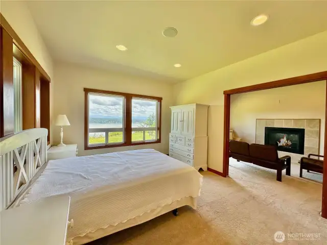 The main floor primary bedroom (one of 2 primary bedrooms) has a fireplace, sitting room, walk-in closet, patio access & ensuite.
