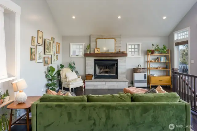 Tasteful wood burning fireplace.