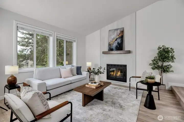 Tiled floor to ceiling fireplace.