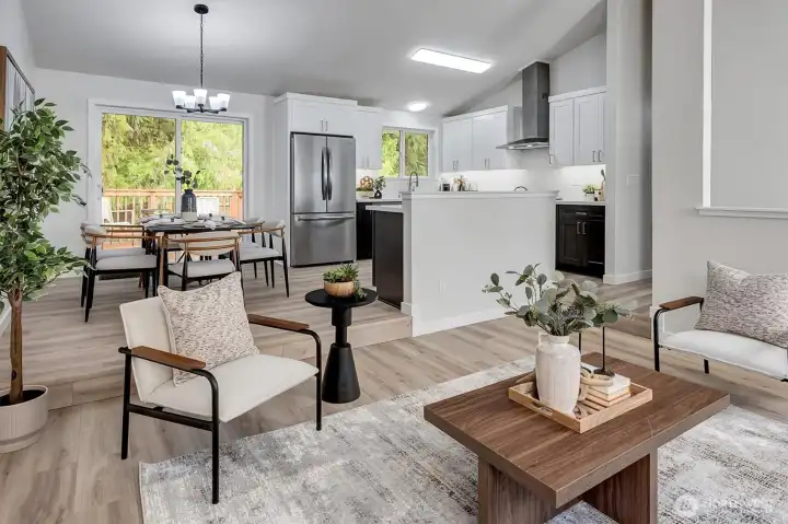 Open kitchen, dining, family room combination.