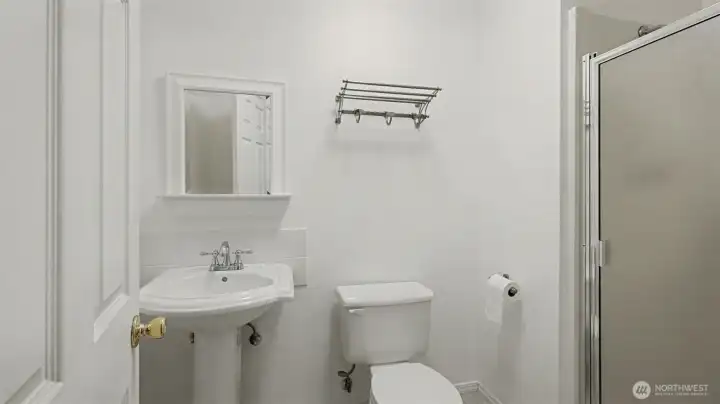 Clean and functional lower level guest bath with walk-in shower