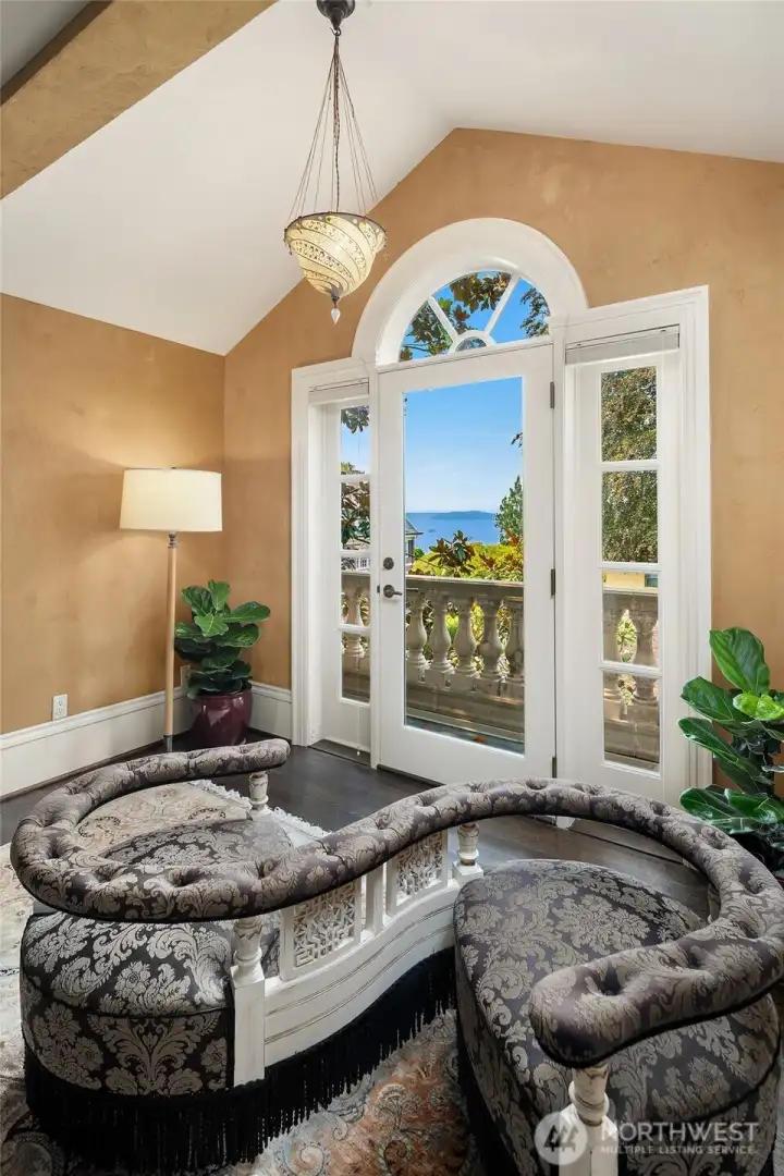 Enjoy the sparkling water view of Elliott Bay from the second floor landing seating area.