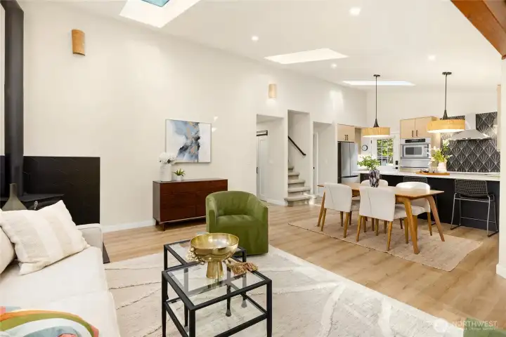 The great room flows into the kitchen