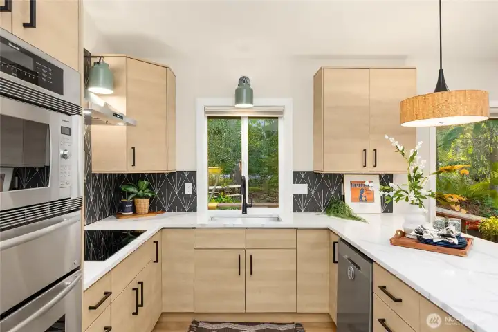 The deep stainless sink offers a lovely view