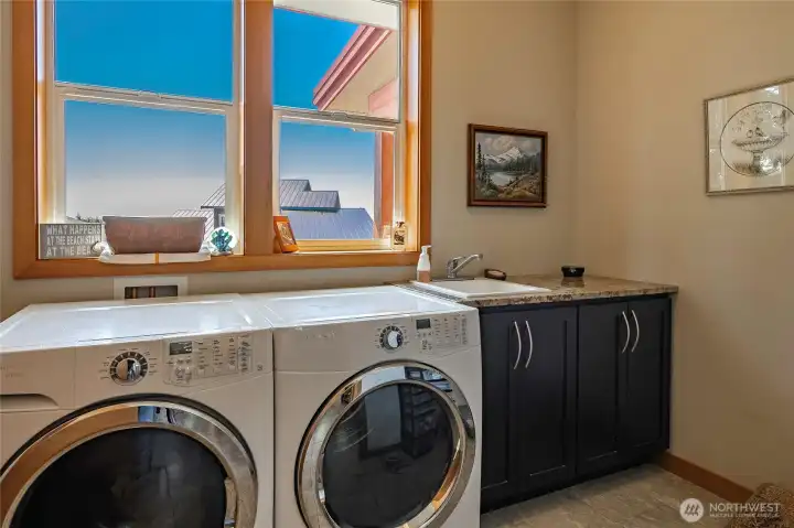 Utility room with view, sink, granite countertops and closet