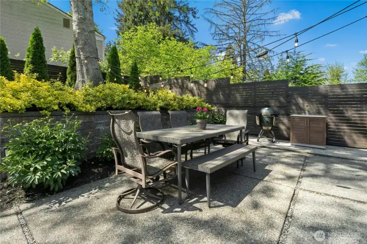The private backyard is designed for easy outdoor living, with spacious patios, mature landscaping, and layered greenery creating a peaceful retreat-like setting.  String lighting, gathering spaces, and room for dining and grilling make the space equally suited for quiet evenings or hosting friends.