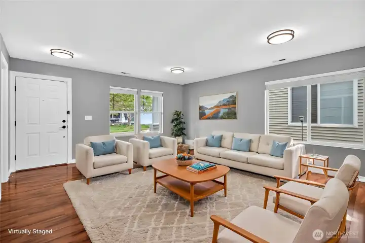 Large family room in front with great windows