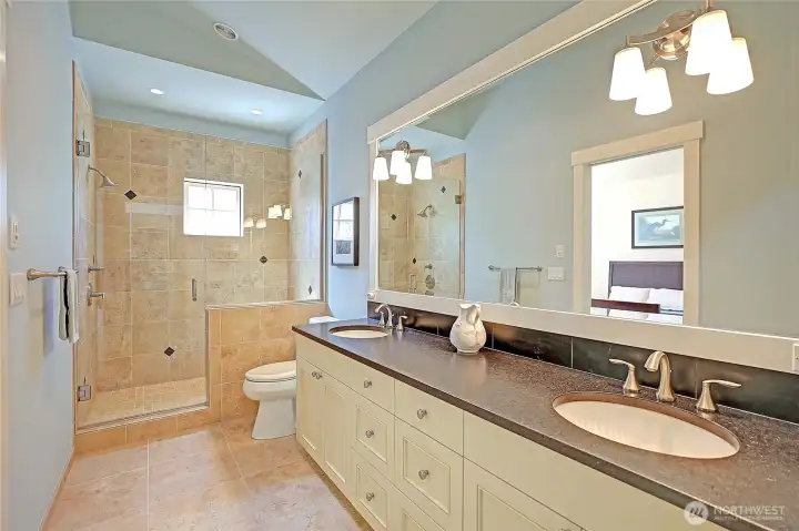 Primary Bath with walk-in shower & double vanity.