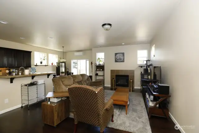 Cozy living room with gas fireplace and mini-split A/C unit. Stay warm or cool in any season!