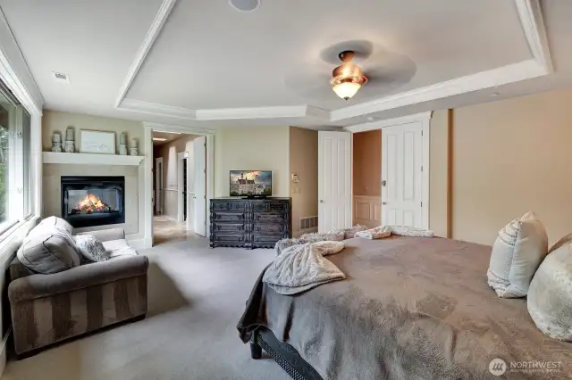 Primary bedroom with see thru gas firepalce.