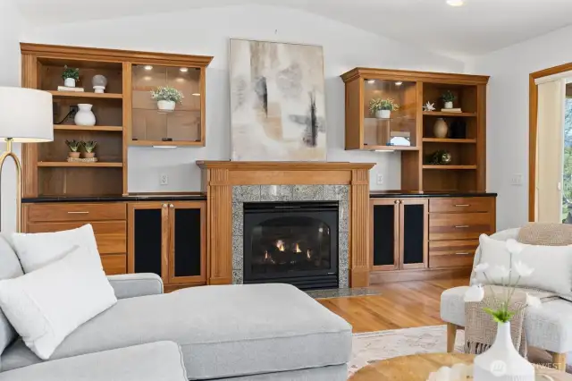 Cozy propane fireplace and custom built-ins in the family room.