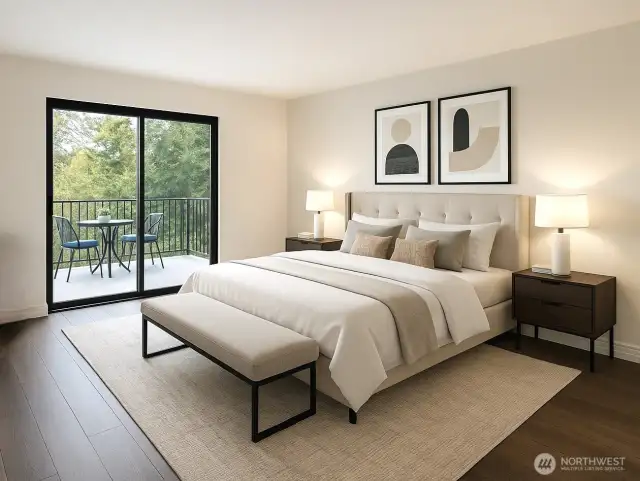 Primary bedroom showing private patio deck, virtually staged