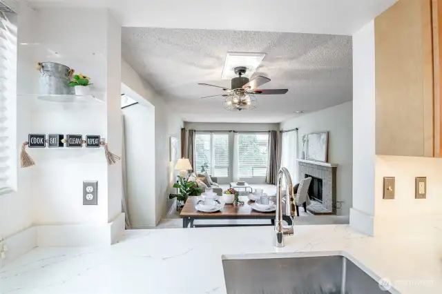 View from the kitchen into the main living area of this beautiful unit.
