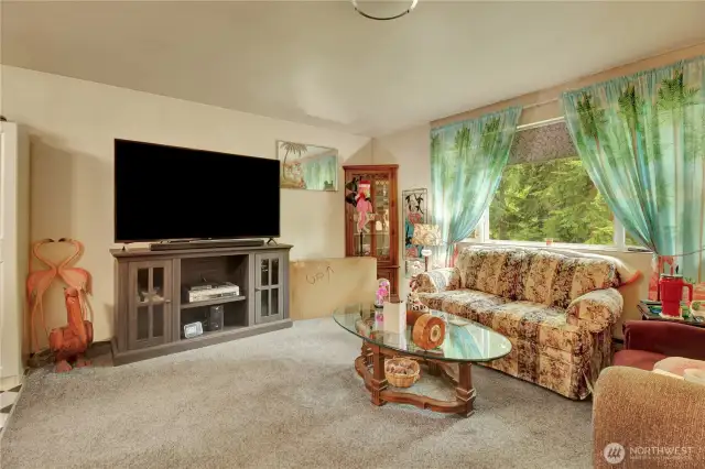 The living room with a large window to look out to the backyard