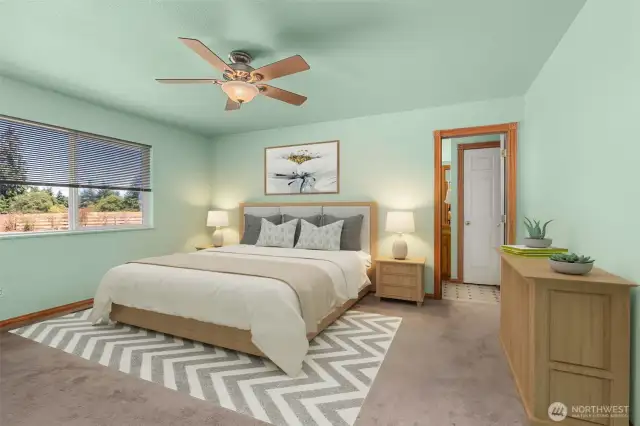 Virtually staged primary bedroom