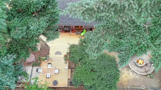 Aerial view of the backyard.  Enjoy s'mores from your wood firepit or sit back and relax on several areas to choose from.